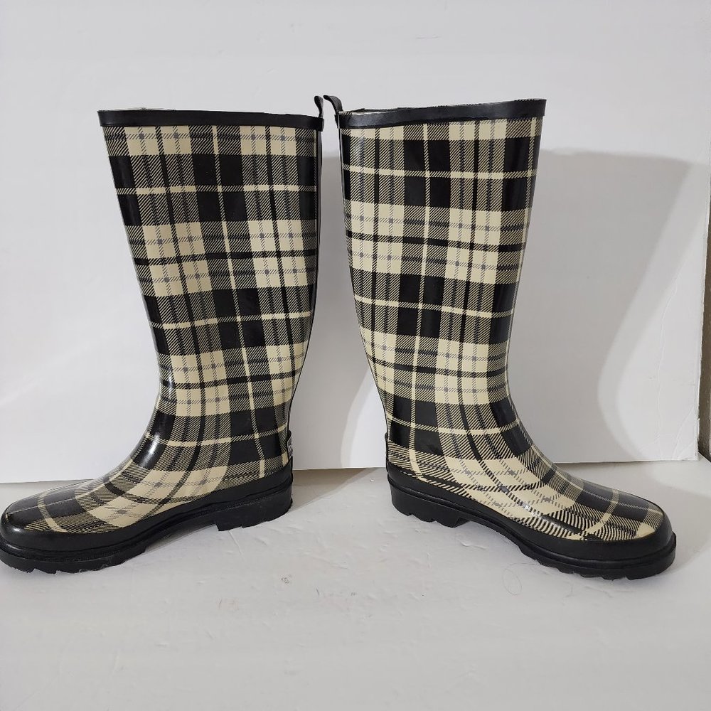 Intrigue Plaid Checker Water Proof Rubber Rain Boots Size 6